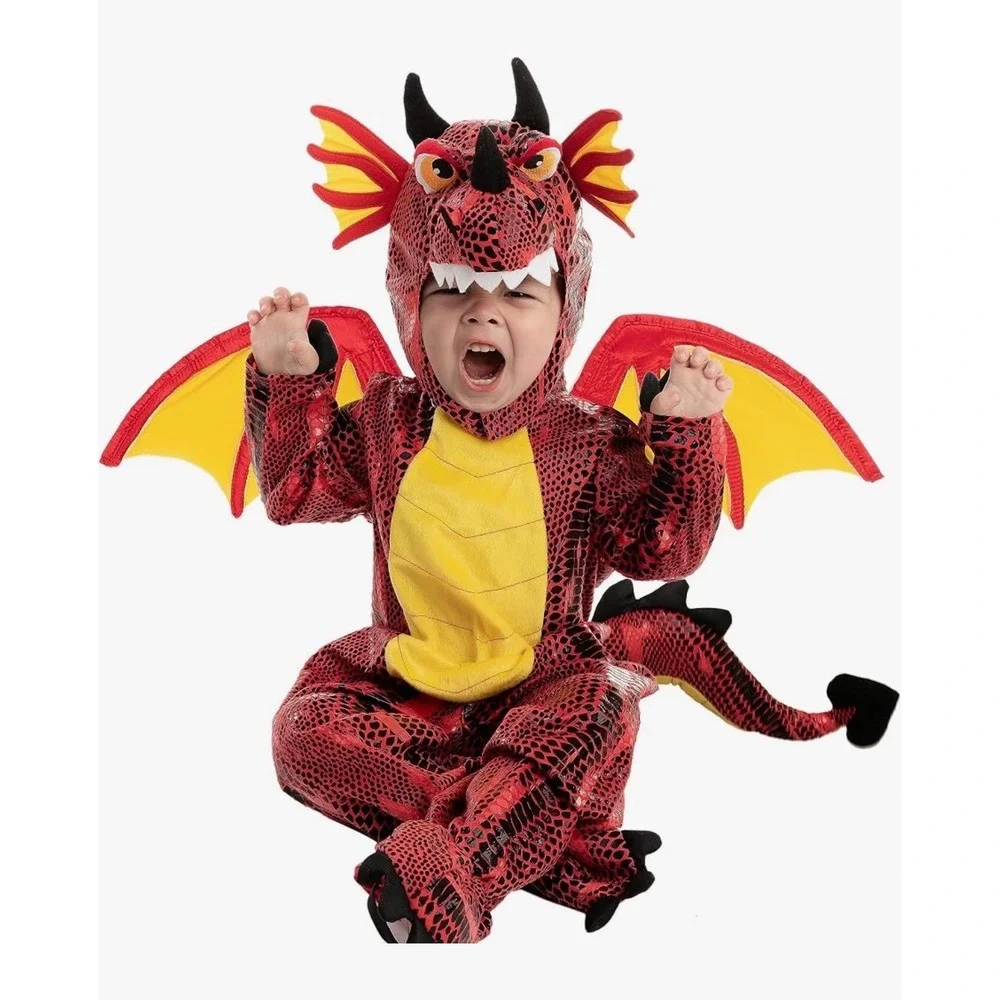 Spooktacular Creations Dragon Costume Kids 3T Red Wings Hood Mythical Shiny B3